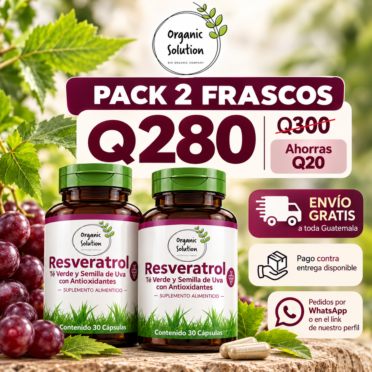 Resveratrol 500mg – Pack 2 Frascos + Envío Gratis