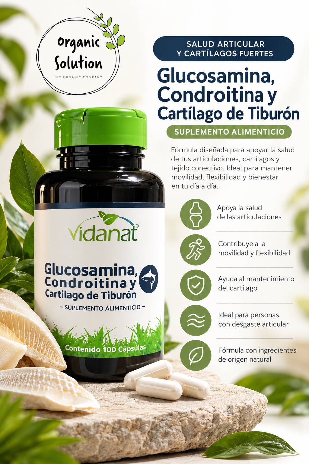 Glucosamina, Condroitina y Cartílago de Tiburón – Vidanat | 100 cápsulas
